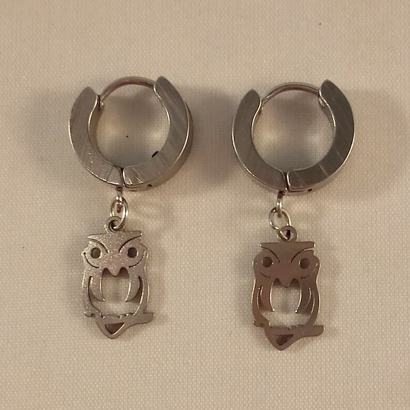 Mens Silver Stainless Steel Owl Smooth Hoop Drop Dangle Earrings Party Gift - Picture 3 of 4